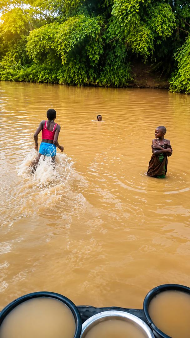 Children playing in muddy river water
